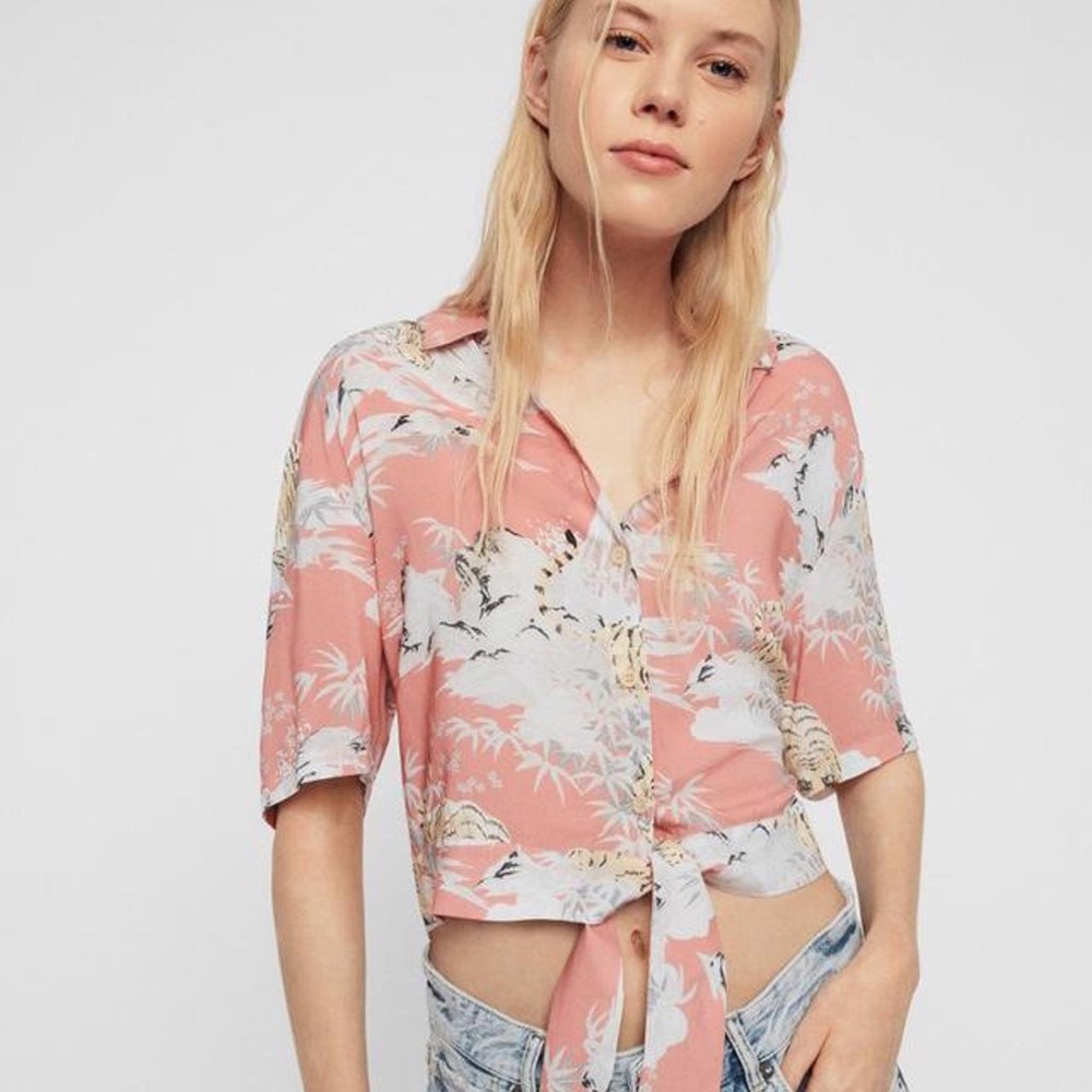 All Saints Pink Floral Tie-Front Crop Top